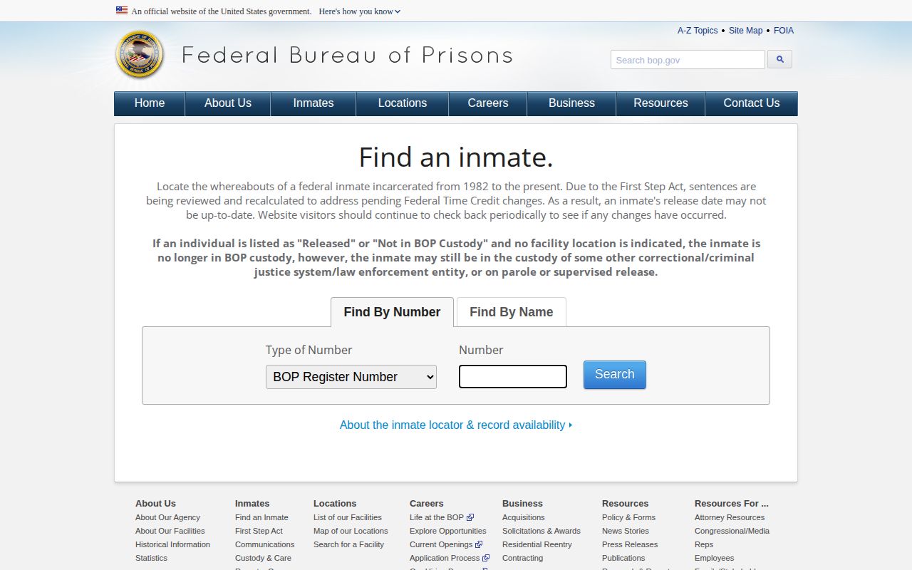 Calhoun County federal custody record distinction through the BOP inmate locator