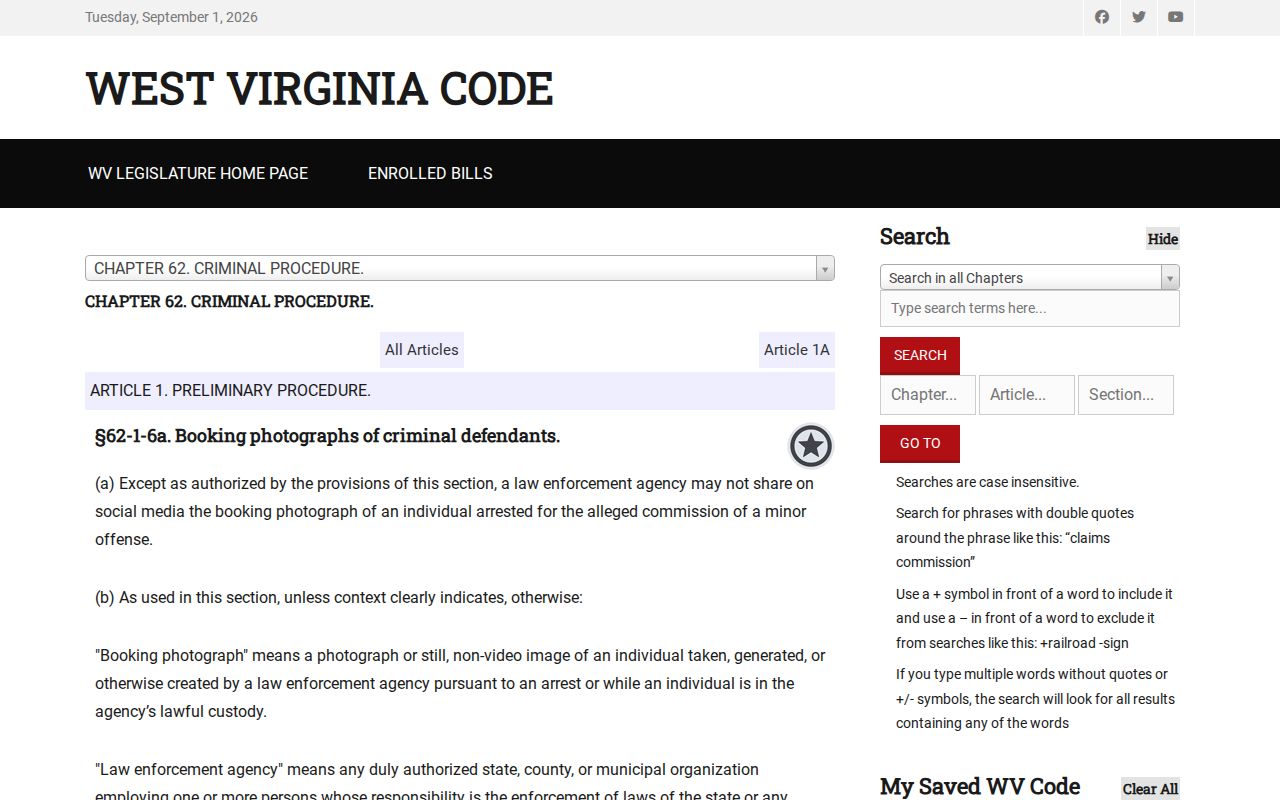 Calhoun County booking-photo record law in the West Virginia Code