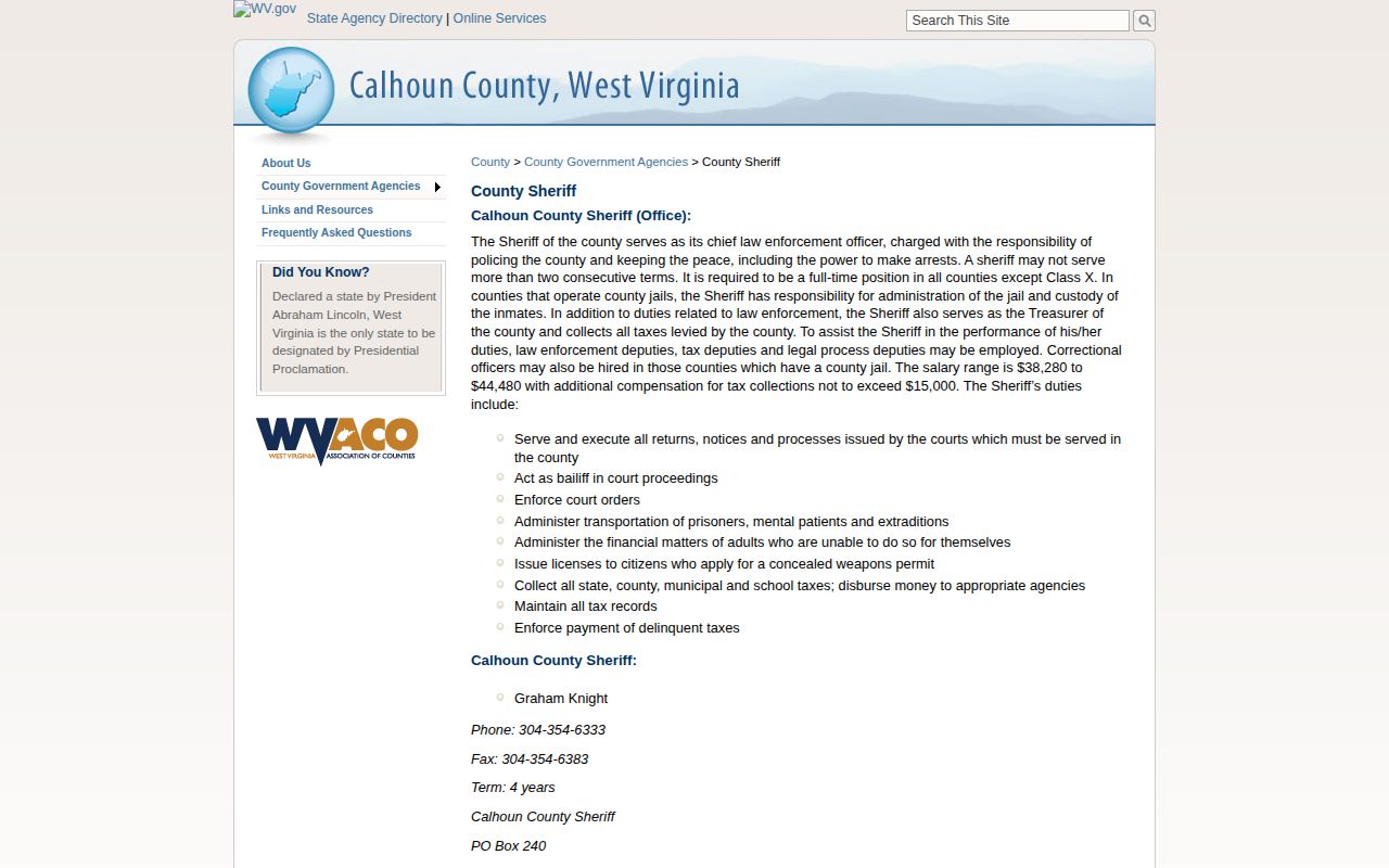 Calhoun County Sheriff official contact page used to verify wanted-list status